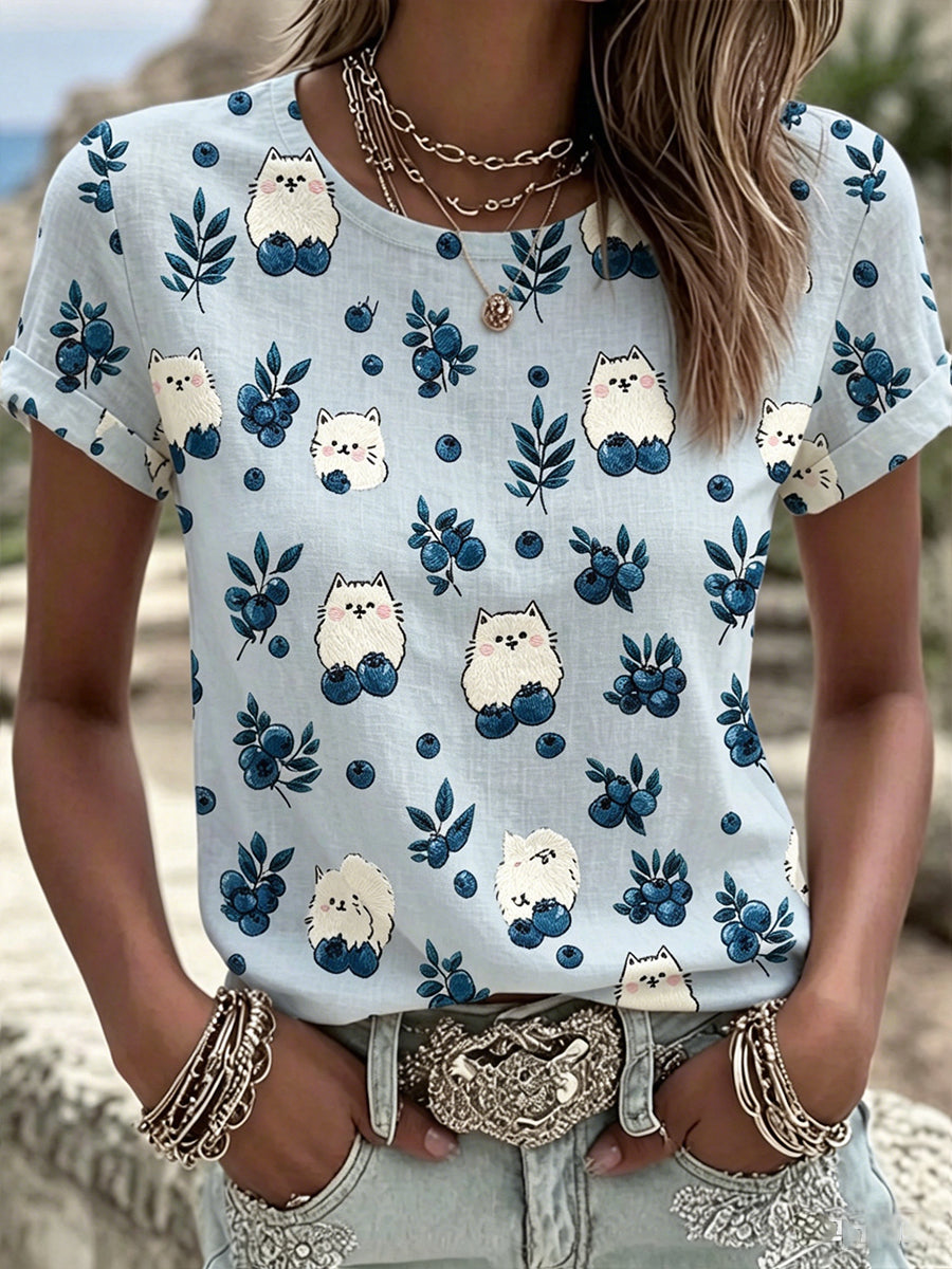 Women's Cute Cat Blueberry Floral Print Cotton Linen Short Sleeves Top