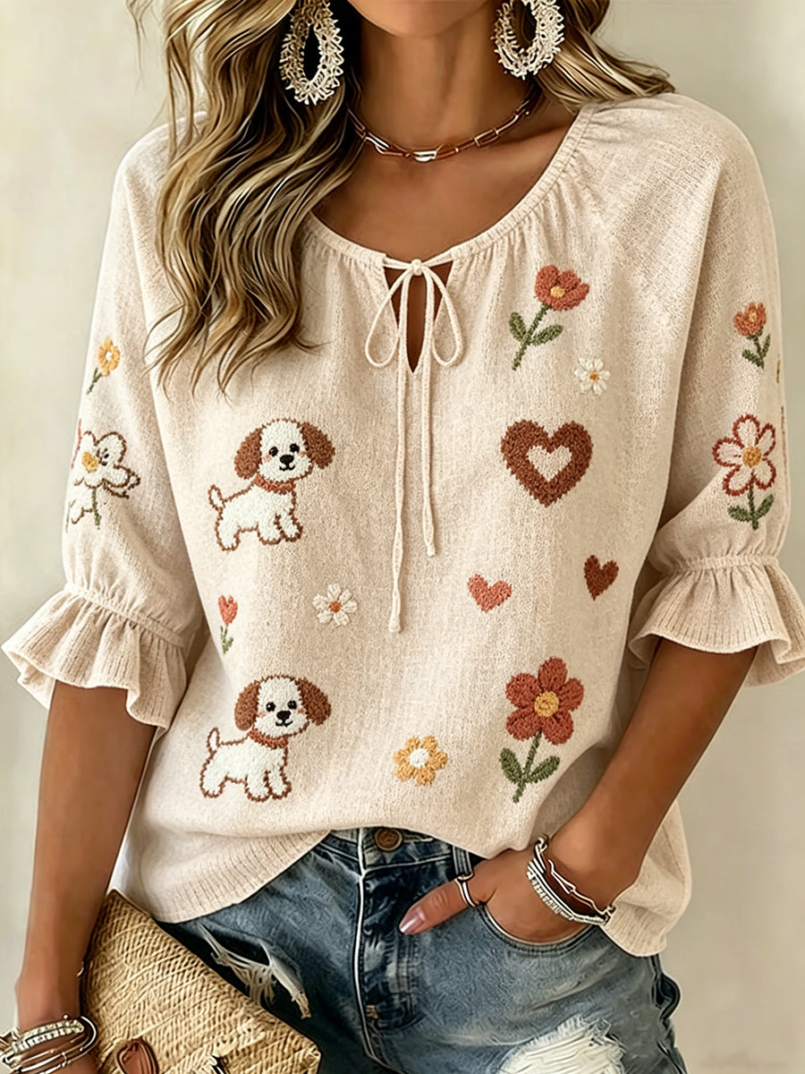 Women's Pom-Pom Animal Print V-Neck Puff Sleeve Top