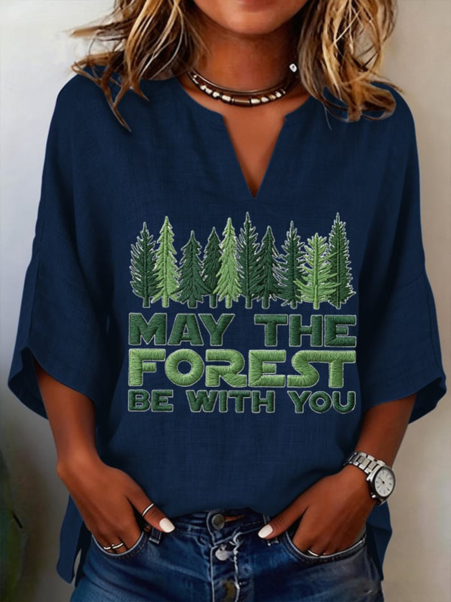 Women's May The Forest Be With You Printed V-Neck Shirt