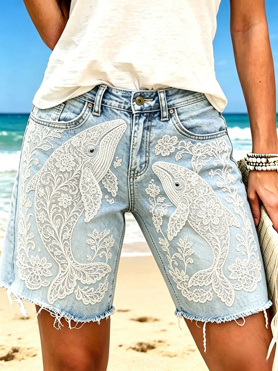 Women's Whale Mother and Baby Print Shorts