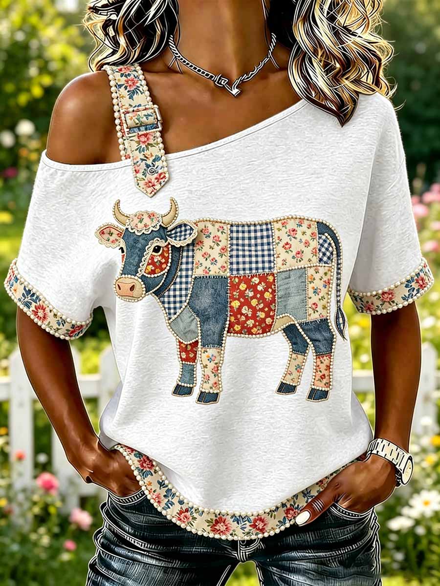Women's Fashion Animal and Floral Patchwork Print T-Shirt