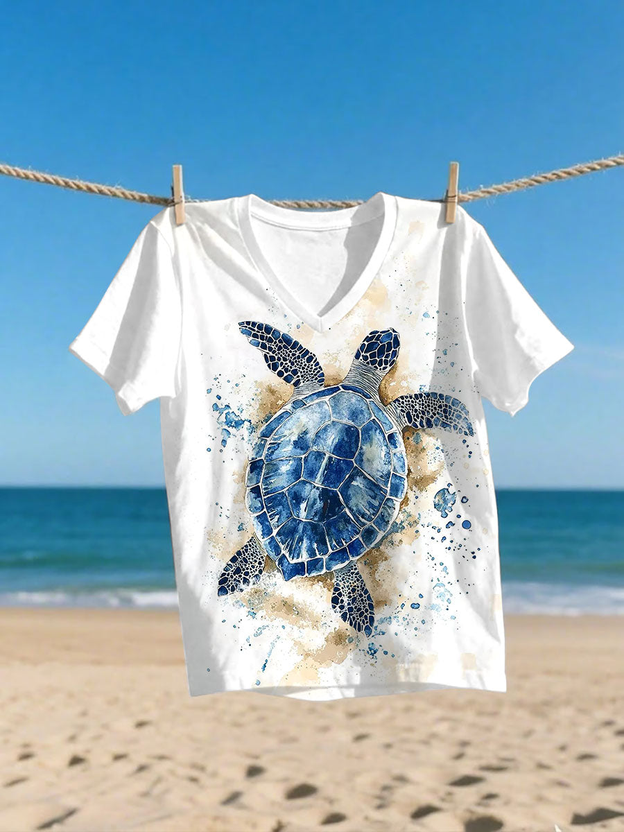 Women's Sea Turtle World Ocean Day Printed V-neck T-shirt