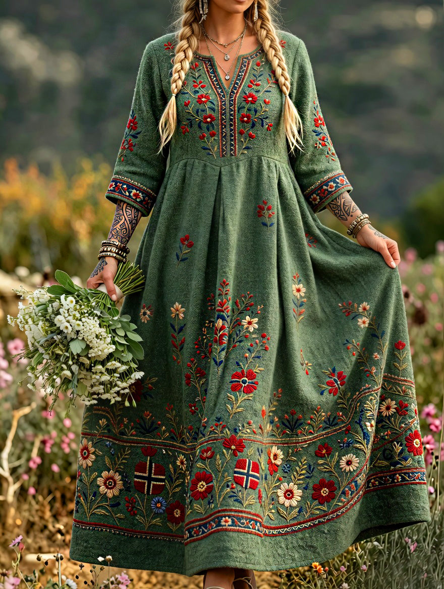 Women's Retro Scandinavian-Style Cotton-Linen Dress with Norwegian Art Print