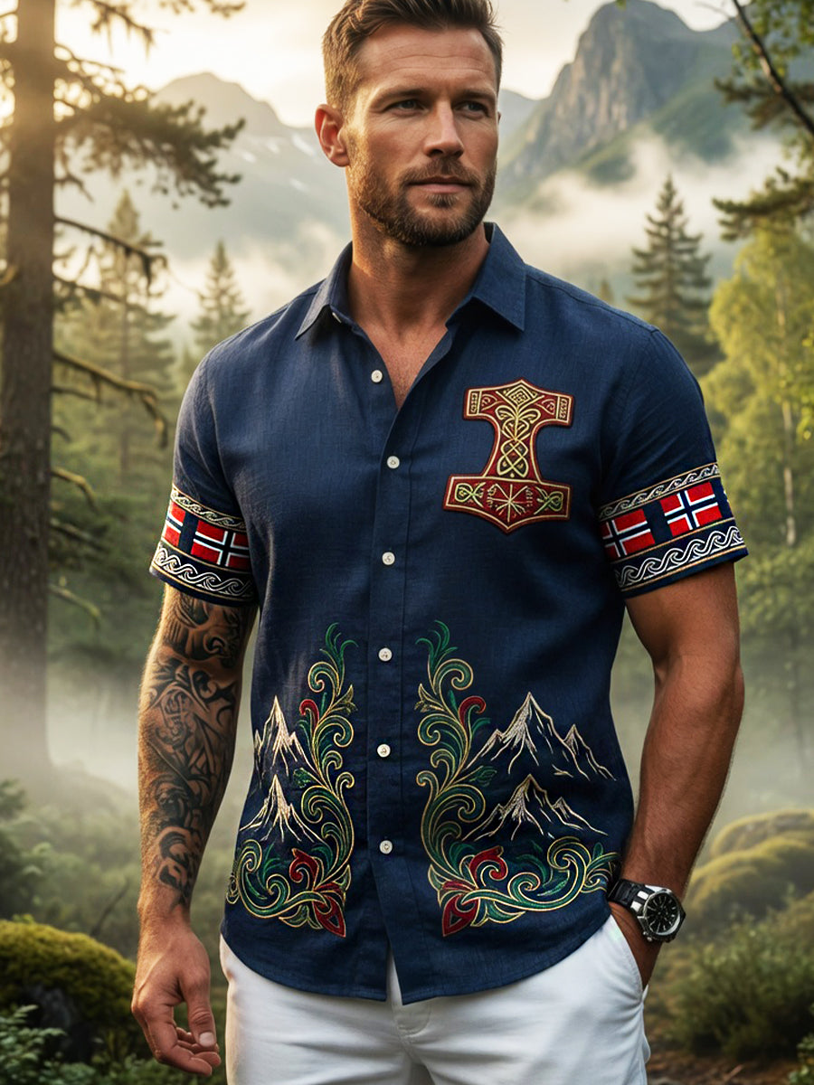 Men's Vintage Scandinavian-Style Cotton-Linen Shirt with Norwegian Art Print