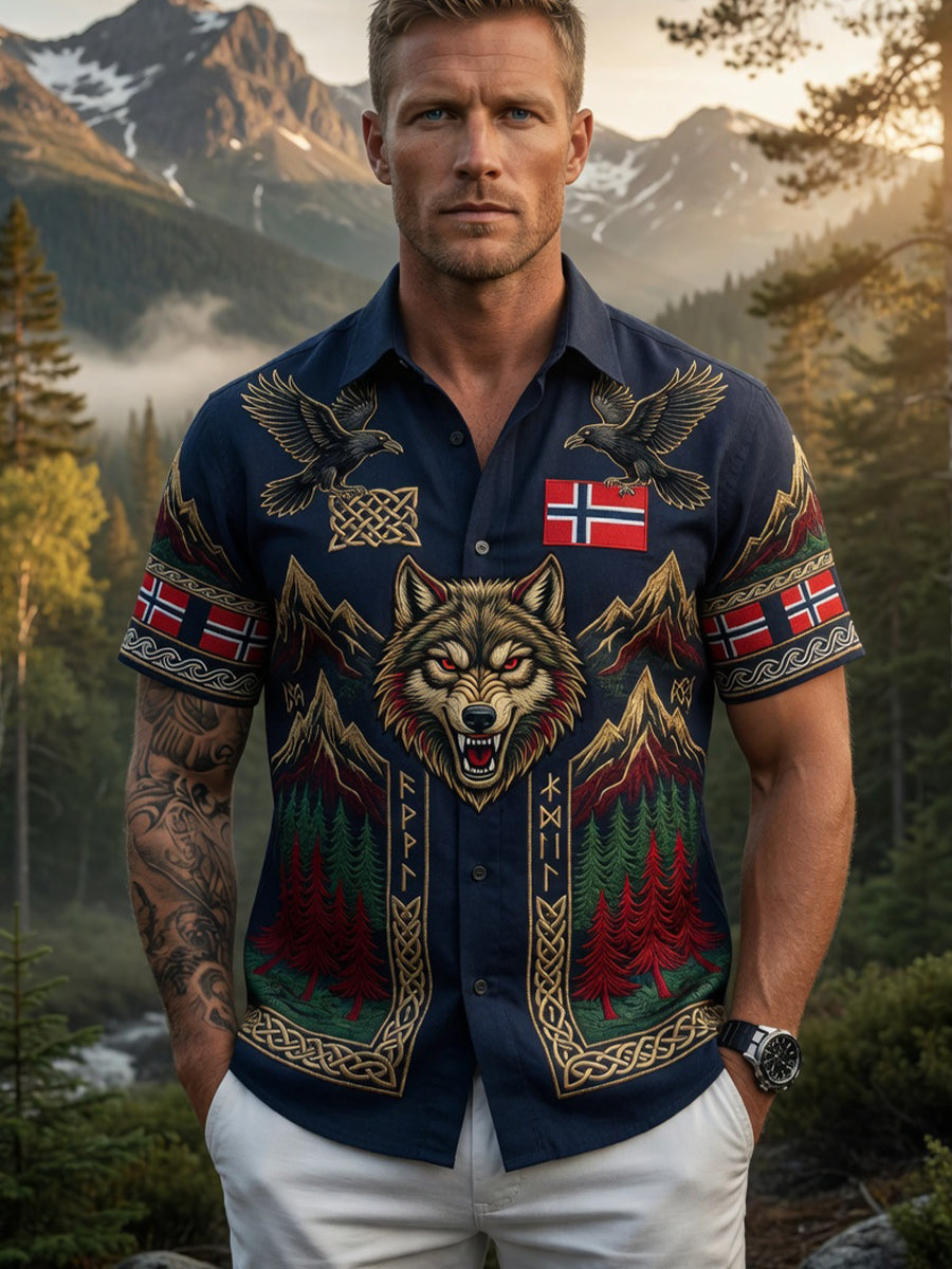 Men's Vintage Scandinavian-Style Cotton-Linen Shirt with Norwegian Art Print