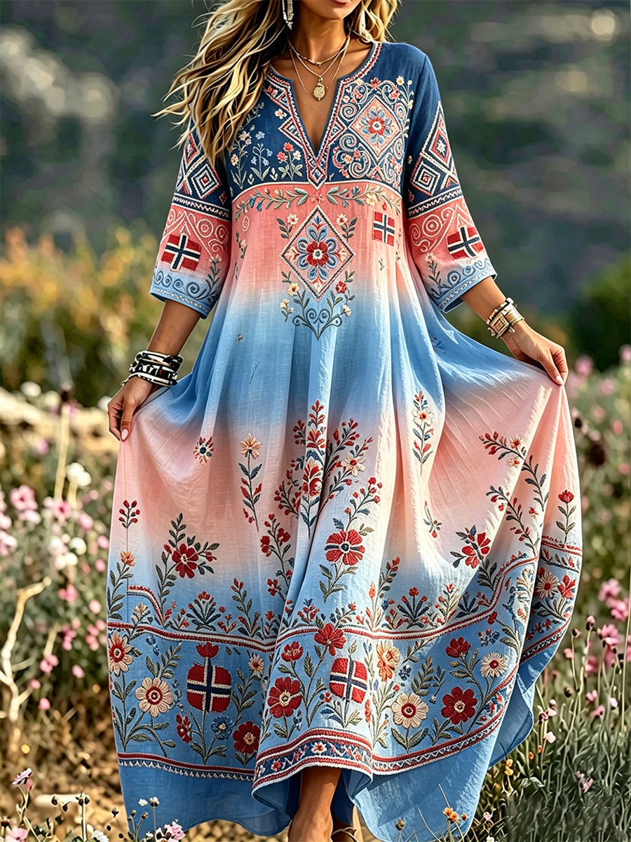 Women's Retro Scandinavian-Style Cotton-Linen Dress with Norwegian Art Print