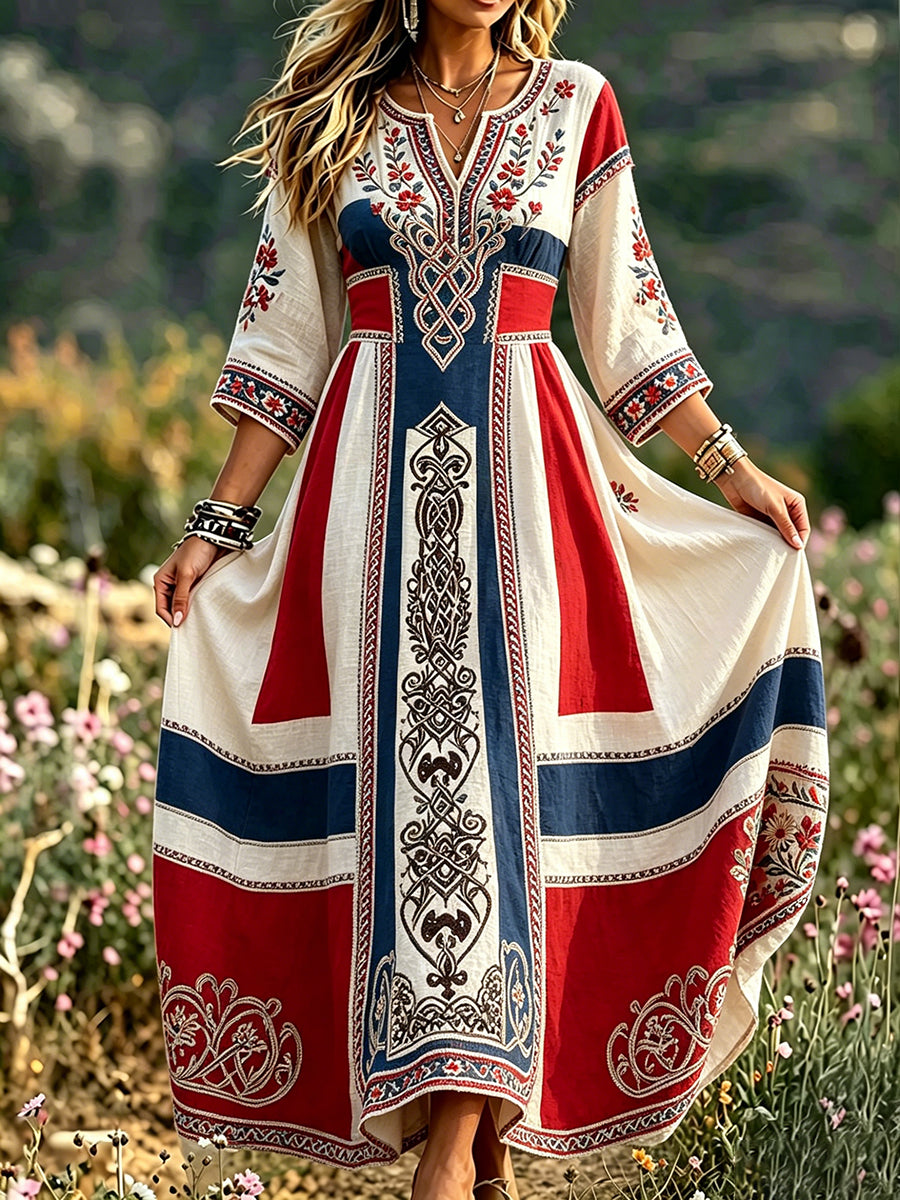 Women's Retro Scandinavian-Style Cotton-Linen Dress with Norwegian Art Print