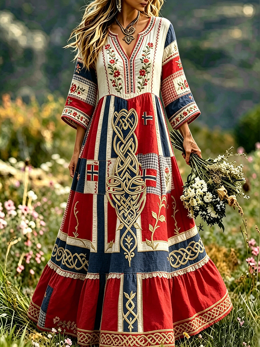 Women's Retro Scandinavian-Style Cotton-Linen Dress with Norwegian Art Print