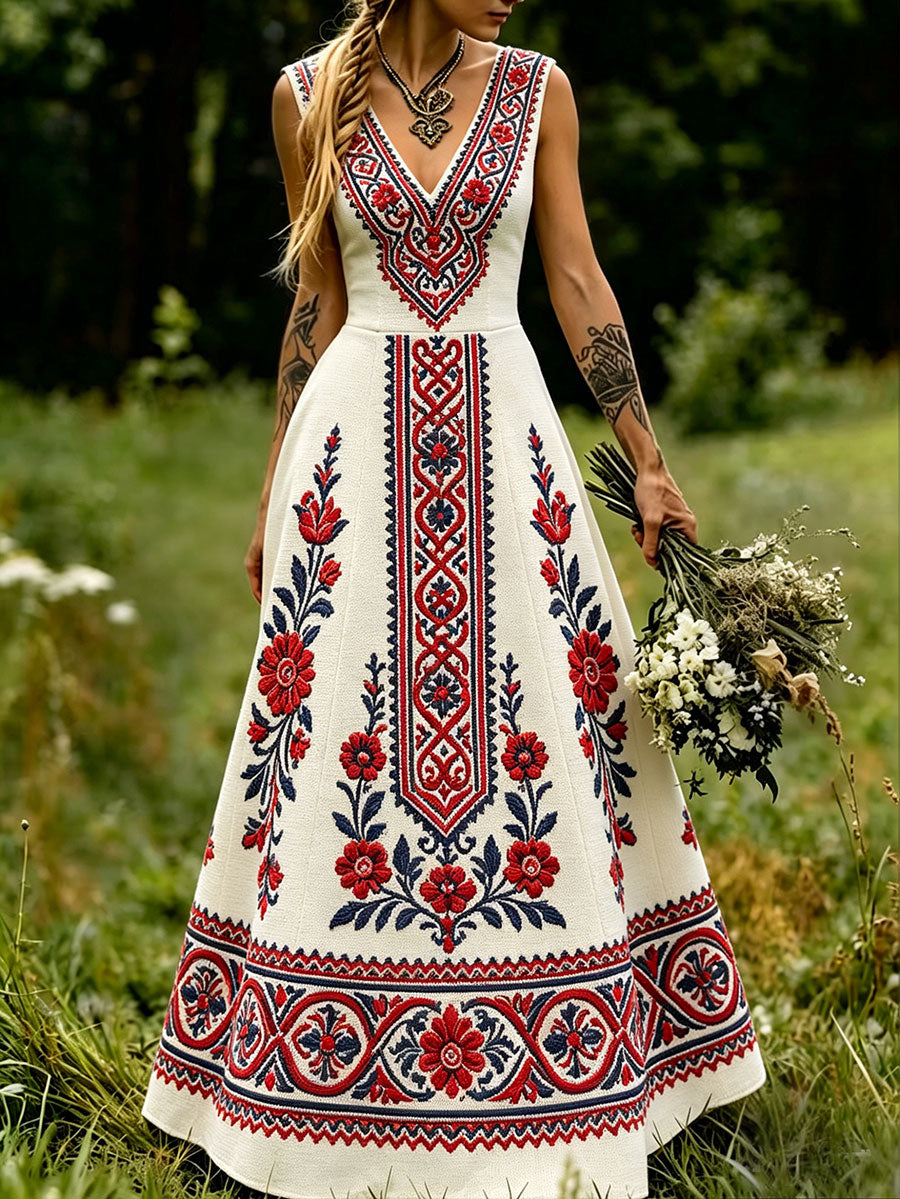 Women's Scandinavia Style Nordic Floral Viking Art Printed Dress