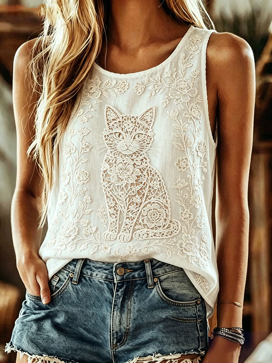 Women's Lace Cat Print Casual Vest