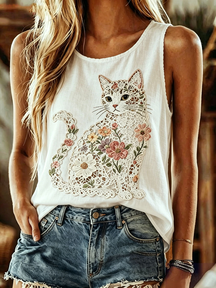 Women's Lace Cat Print Casual Vest