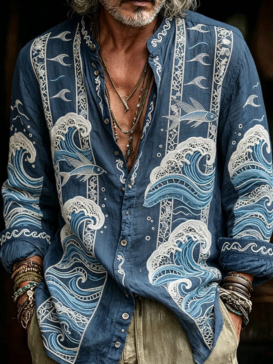 Men's Retro Abstract Art Print Casual Cotton-Linen Shirt