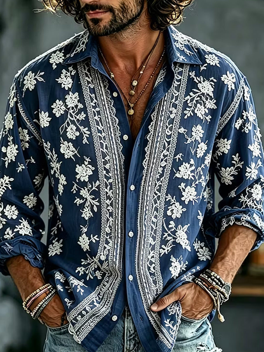 Men's Retro Abstract Art Print Casual Cotton-Linen Shirt