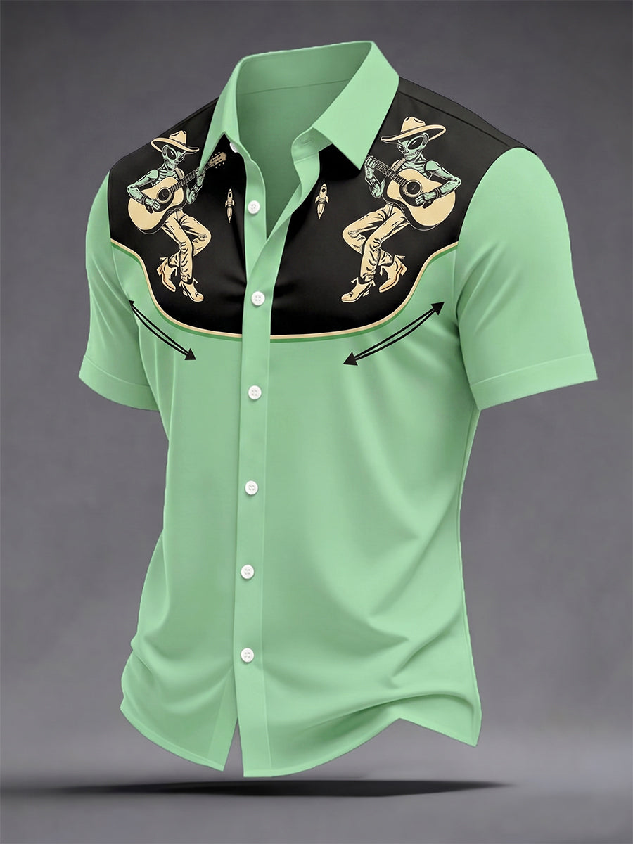 Men's Retro Alien Cowboy Print Casual Short Sleeve Shirt