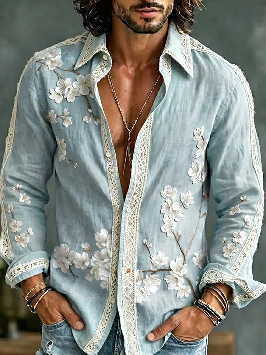 Men's Retro Abstract Art Print Casual Cotton-Linen Shirt