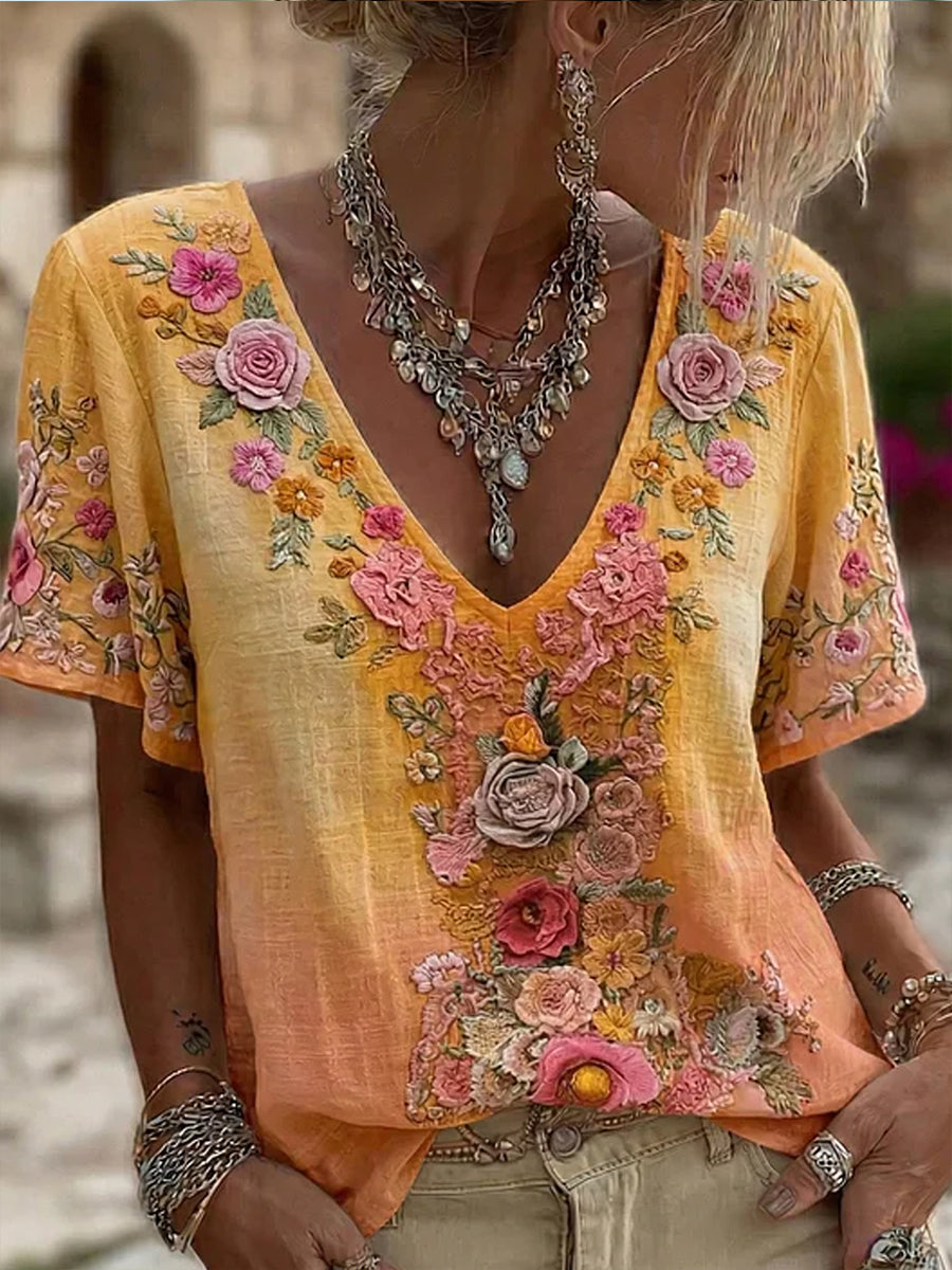 Women's Retro Embroidered Floral Art Print Casual Comfort T-shirt