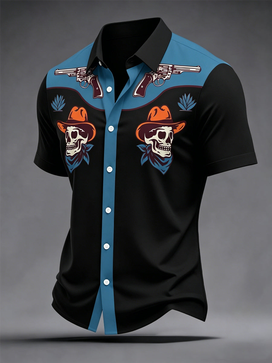 Men's Retro Cowboy Gun Print Casual Short Sleeve Shirt