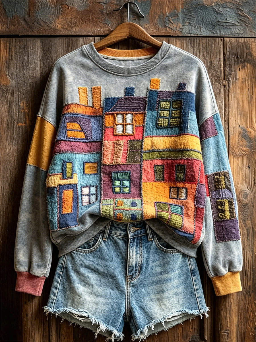 Women's Boho Colorful Houses Buildings Colorblock Art Print Sweatshirt