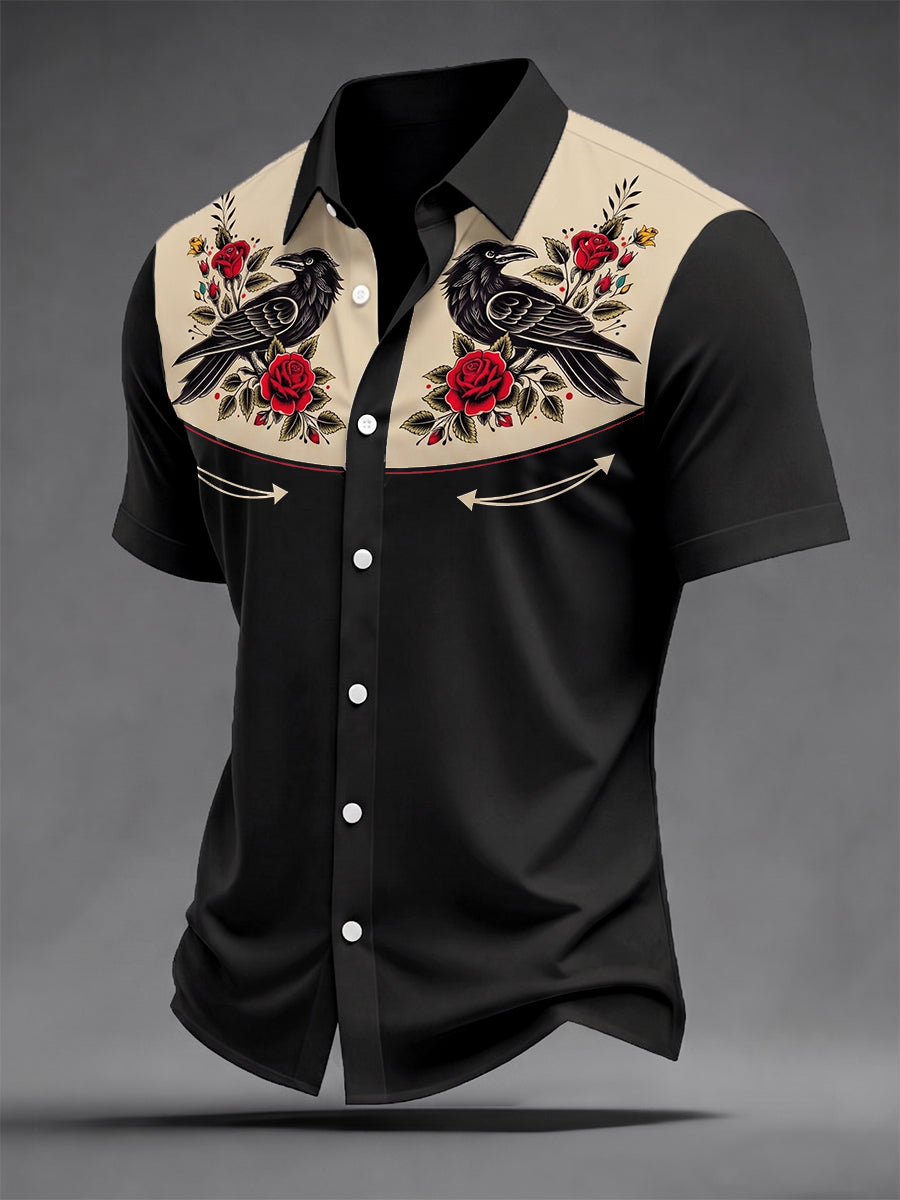 Men's Retro Crow & Rose Print Casual Short Sleeve Shirt