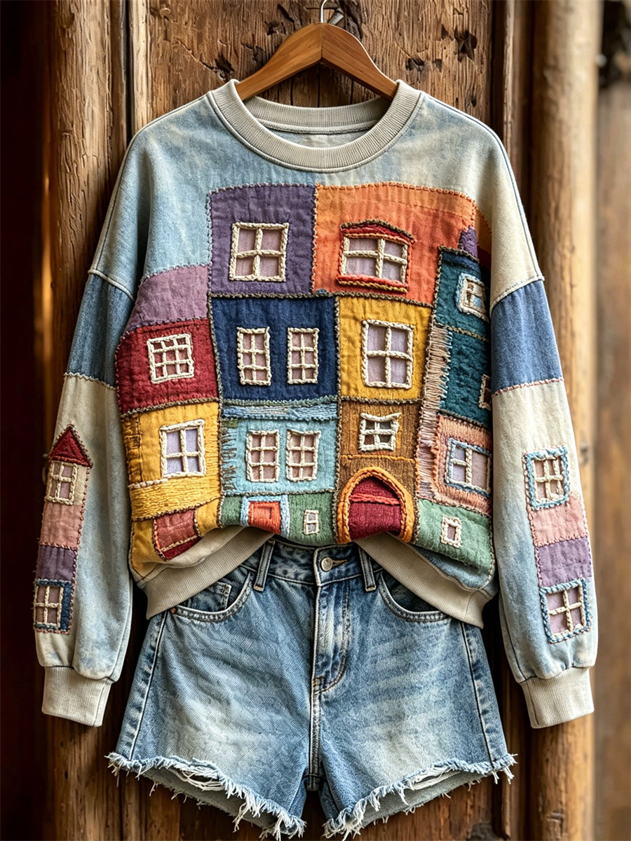 Women's Colorful Houses Windows Colorblock Art Print Sweatshirt