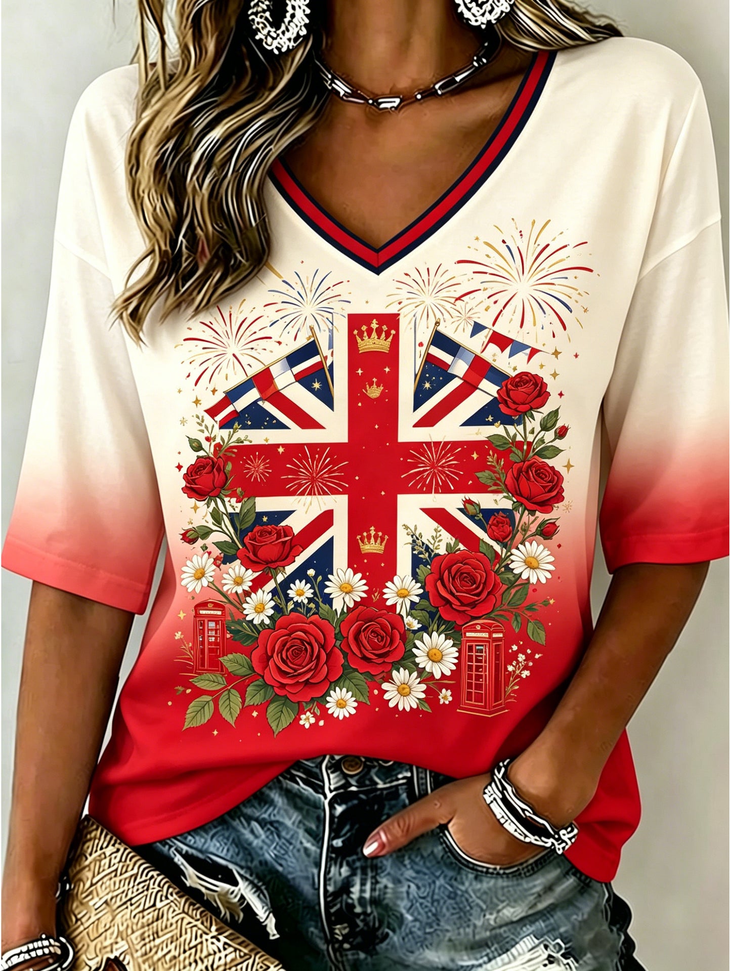 Women's England Football Pattern Linen V-Neck Shirt