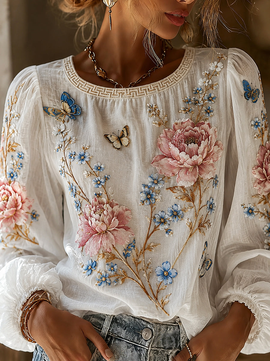 Women's Vintage Floral Art Print Casual Cotton-Linen Top
