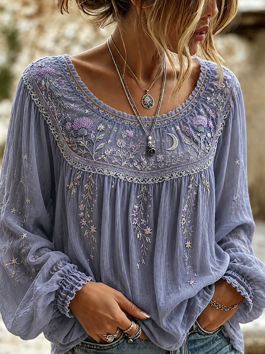 Women's Vintage Floral Art Print Casual Cotton-Linen Top