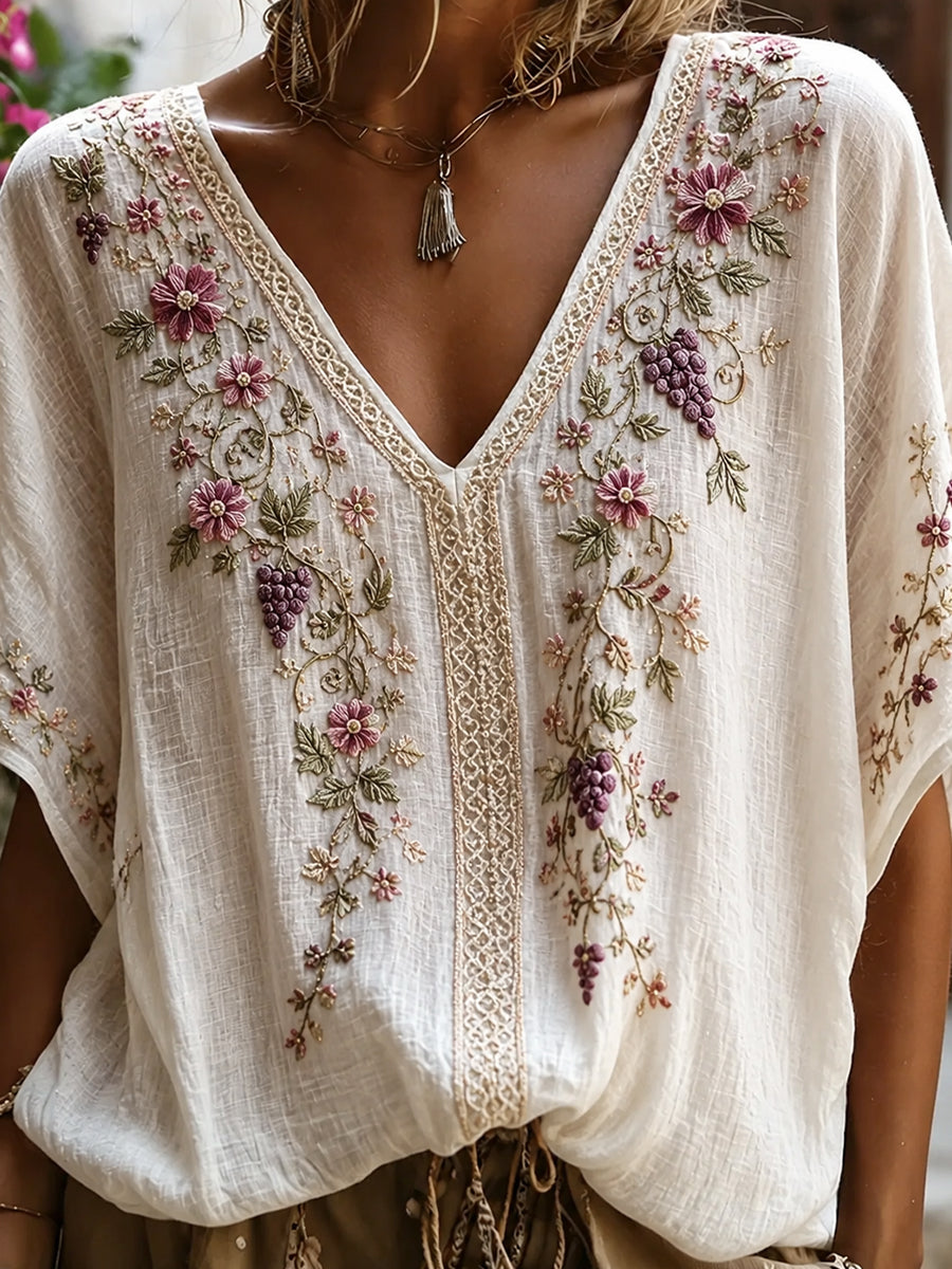 Women's Vintage Floral Art Print Casual Cotton-Linen Top