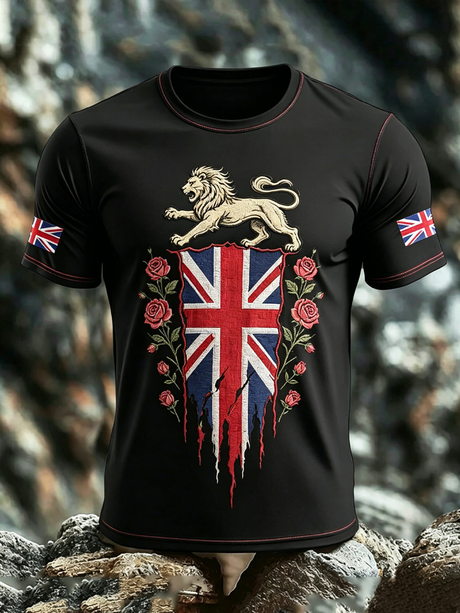 Men's Union Jack Uk Flag Lion Face Short Sleeves T-Shirt