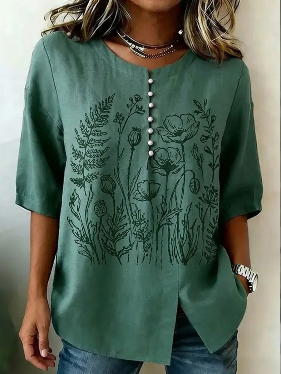 Women's Retro Floral Art Printed Linen Tops