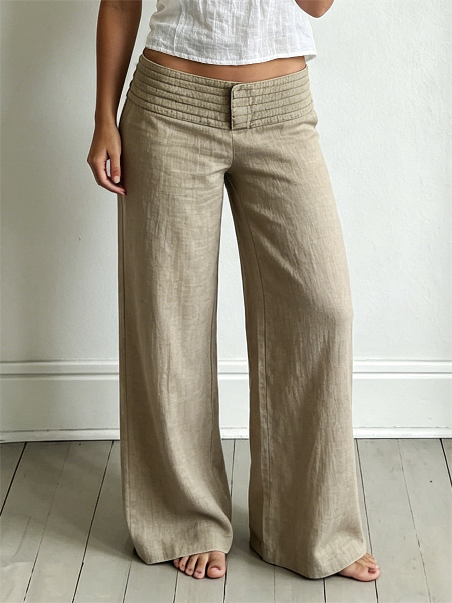 Women's Stitched Waistband Low Rise Wide Leg Linen Pants