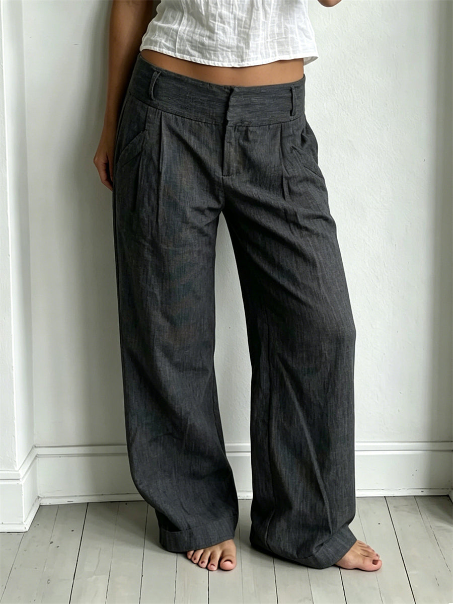 Women's Pinched Details Basic Low Rise Wide Leg Linen Pants