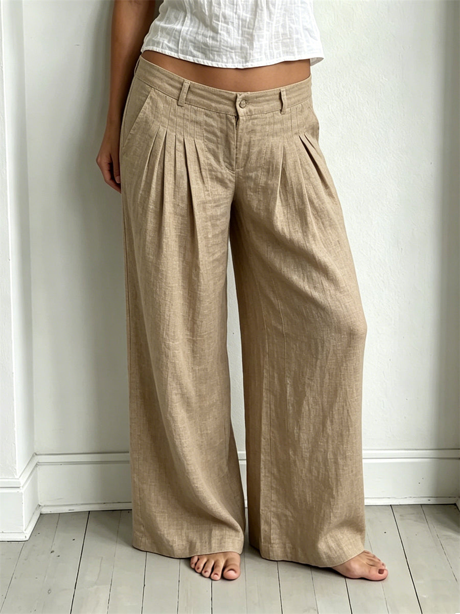 Women's Classy Tucked Pleats Low Rise Wide Leg Linen Pants