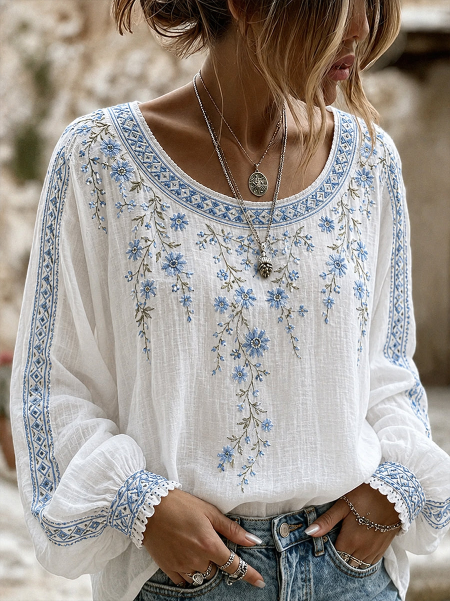 Women's Vintage Floral Art Print Casual Cotton-Linen Top