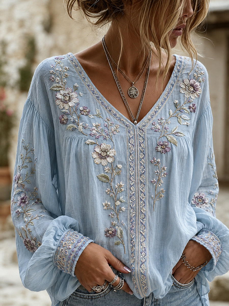 Women's Vintage Floral Art Print Casual Cotton-Linen Top