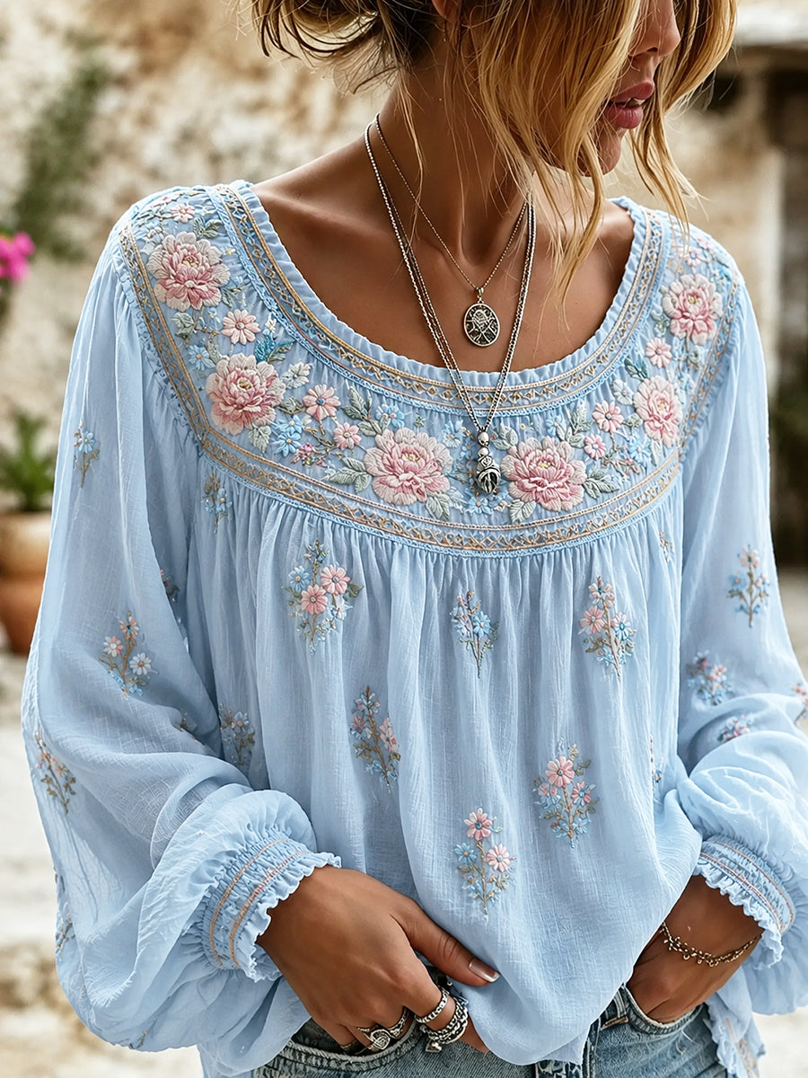 Women's Vintage Floral Art Print Casual Cotton-Linen Top