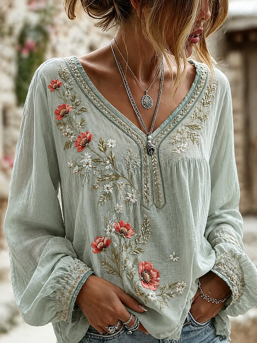 Women's Vintage Floral Art Print Casual Cotton-Linen Top