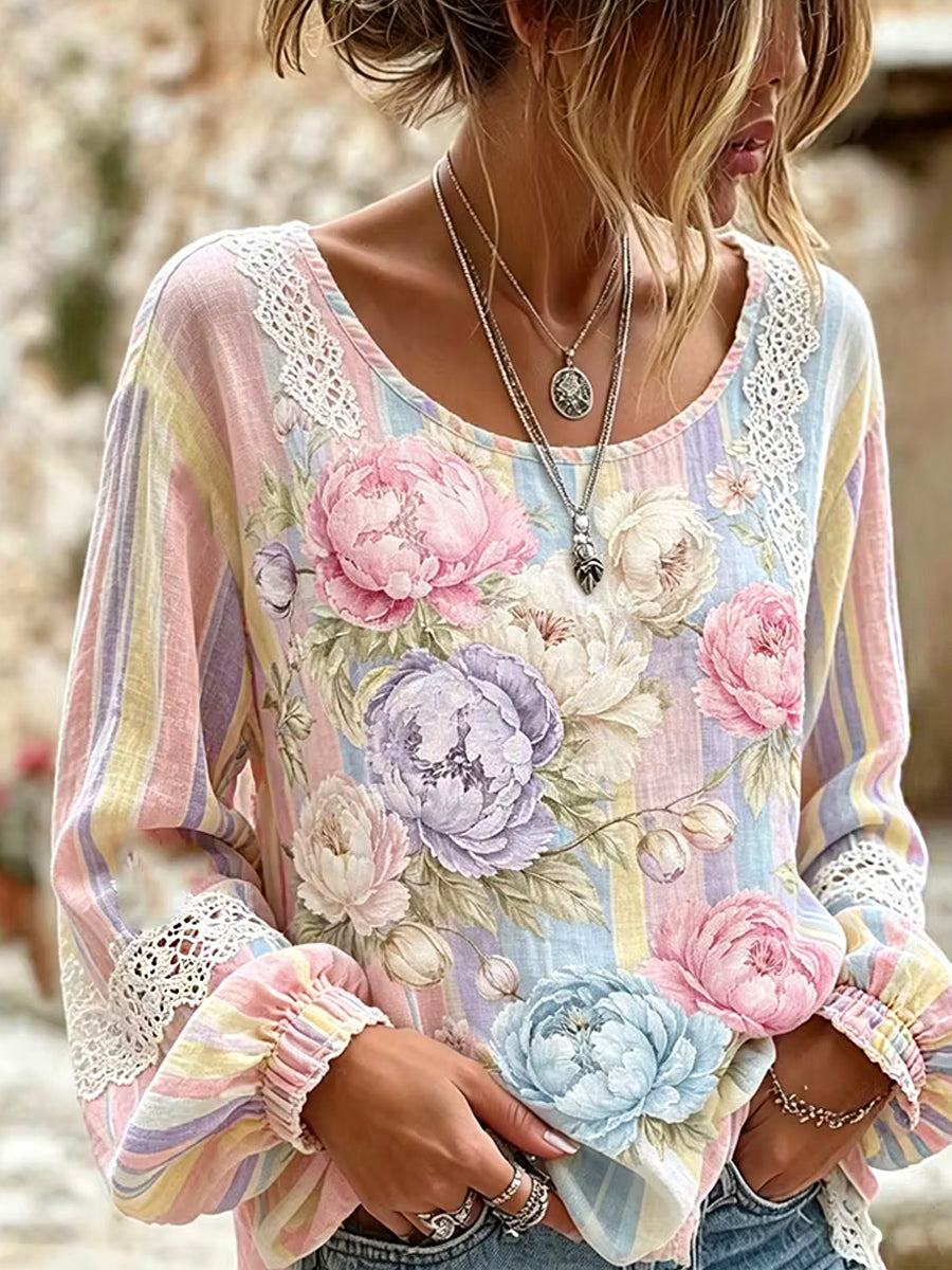 Women's Vintage Floral Art Print Casual Cotton-Linen Top