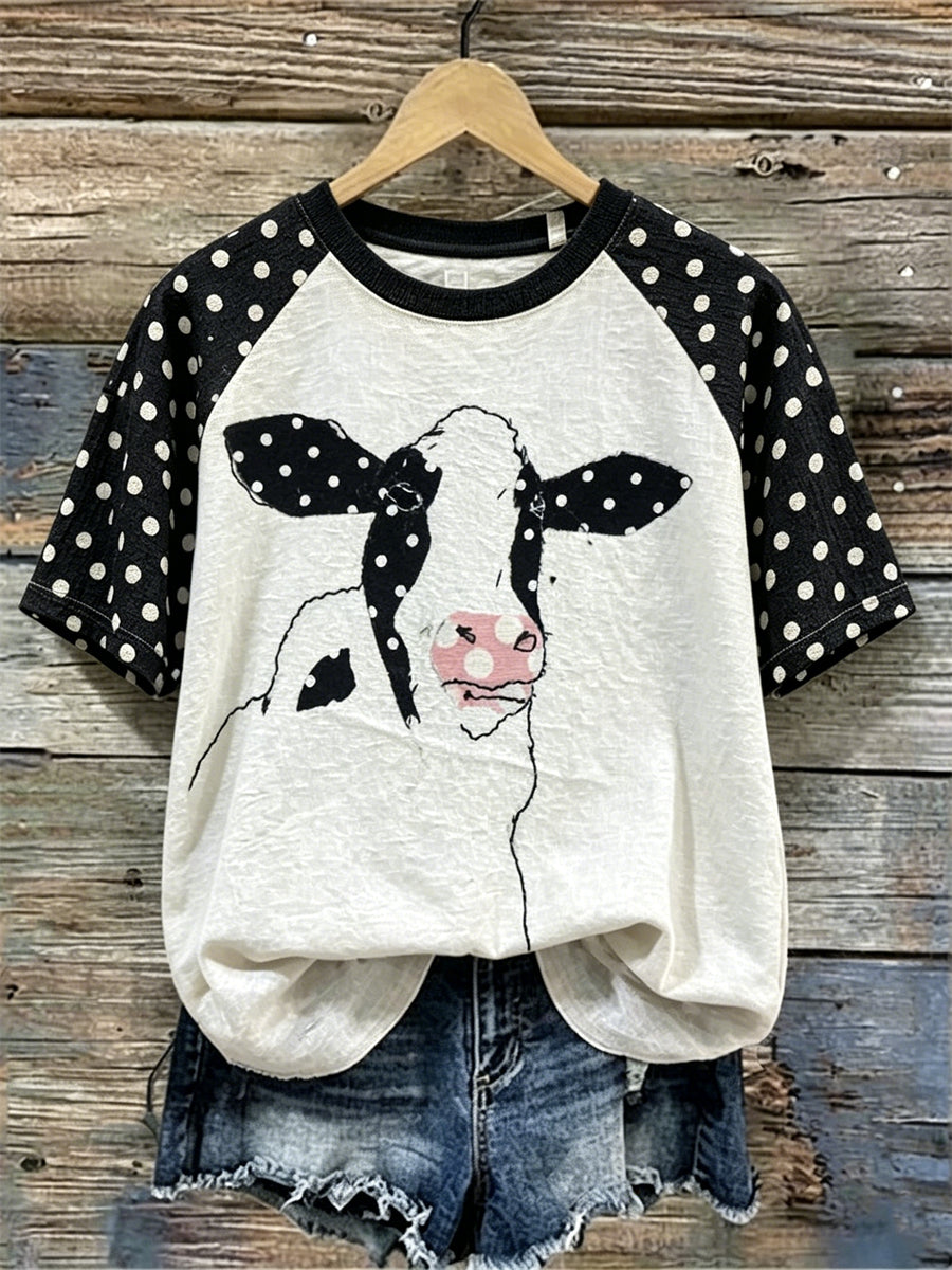 Women's Diary Cow Print Polka Dots Raglan linen short-sleeved T-shirt
