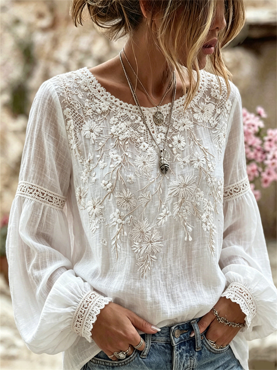 Women's Classy Boho Lace Floral Print Cotton-Linen Shirt