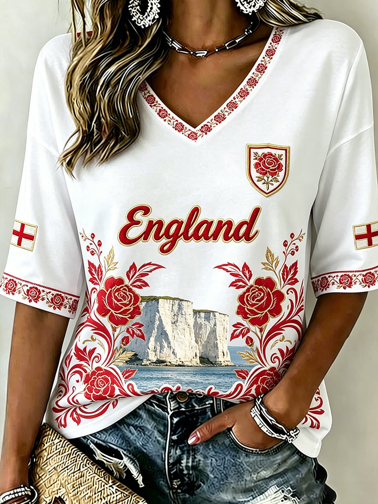 Women's England Football Pattern Linen V-Neck Shirt