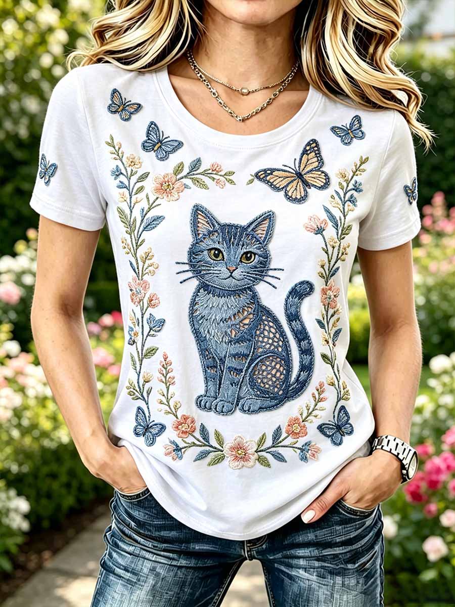 Women's Fashion Cat Pattern Printed Casual T-Shirt
