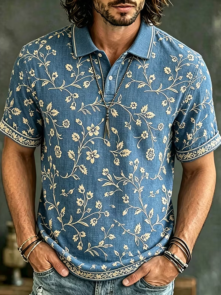 Retro Abstract Floral Embroidery Art Print Casual Polo Shirt