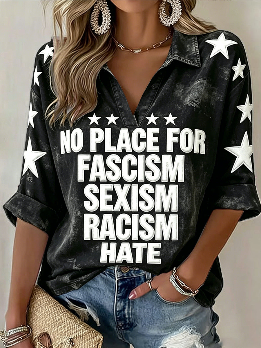 Women's Black Anti-Racism Retro Print Casual V-neck T-shirt