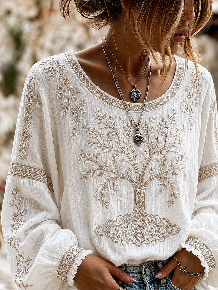 Women's Vintage Floral Art Print Casual Cotton-Linen Top