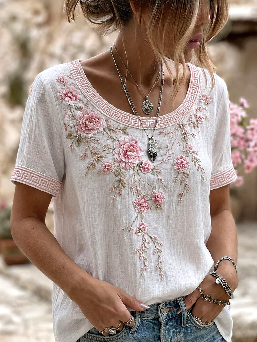 Women's Vintage Floral Art Print Casual Cotton-Linen Top