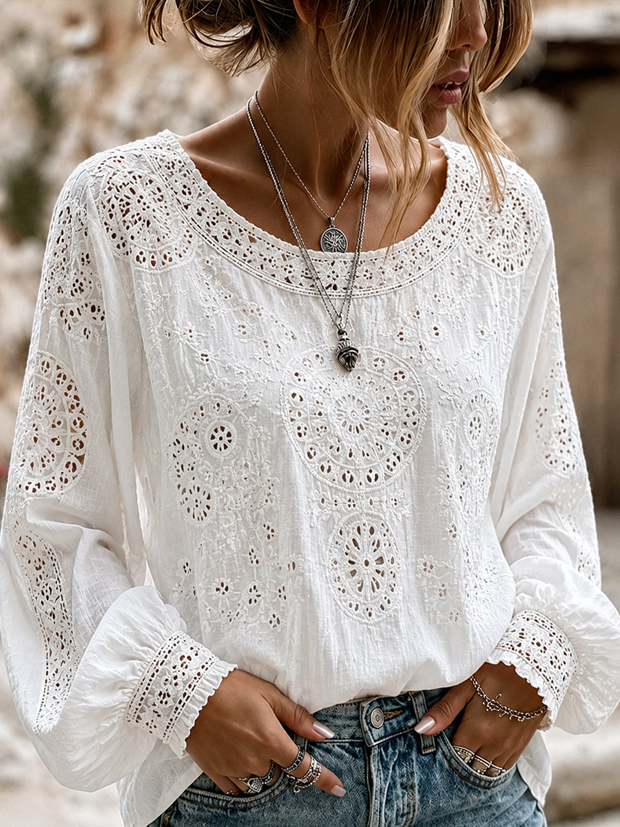 Women's Vintage Floral Art Print Casual Cotton-Linen Top