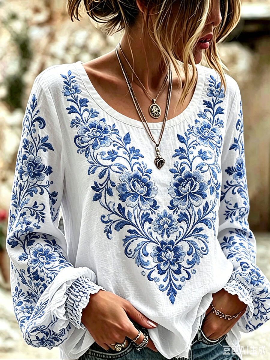 Women's Blue and White Floral Print Casual T-shirt