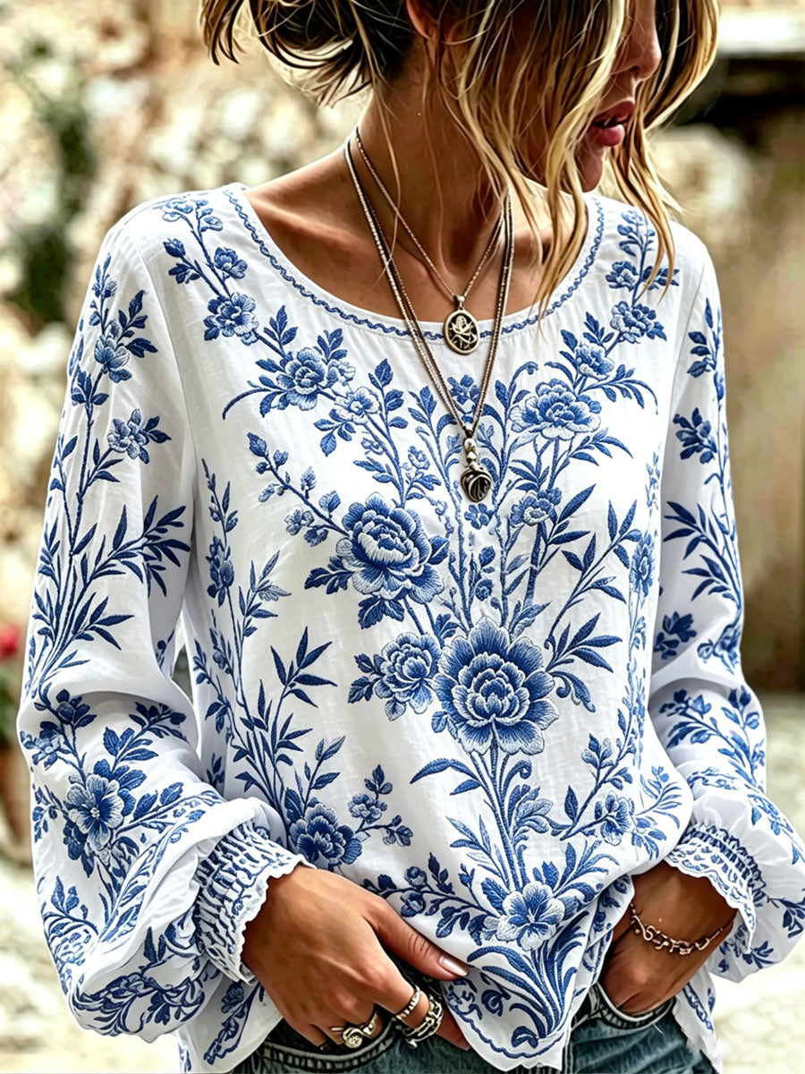 Women's Blue and White Floral Print Casual T-shirt