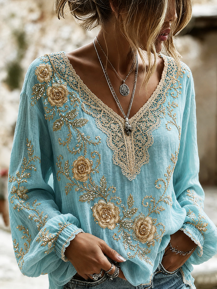 Women's Vintage Floral Art Print Casual Cotton-Linen Top